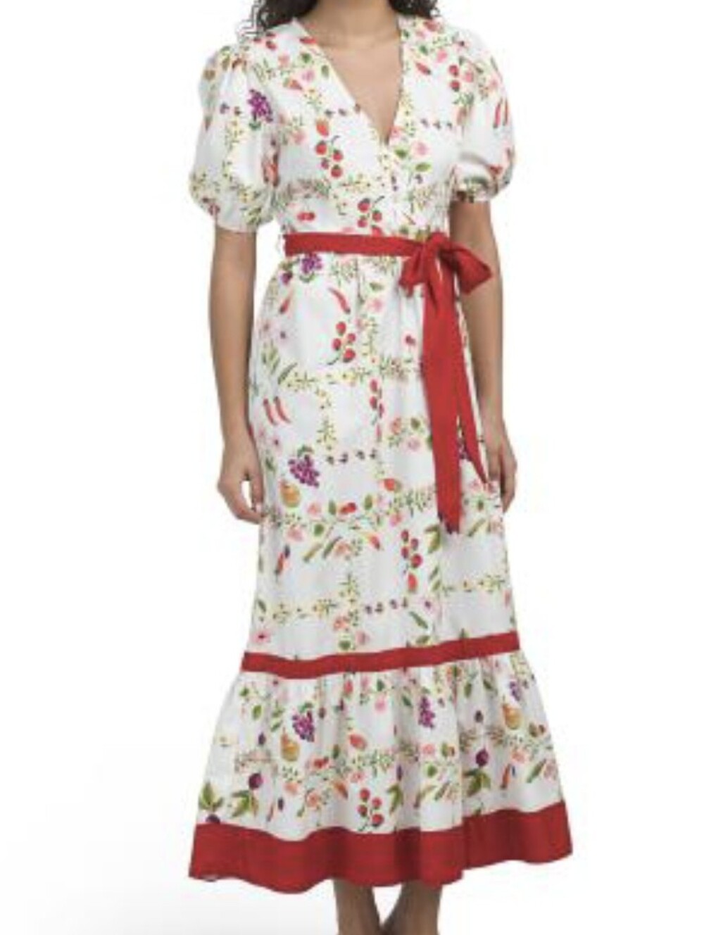 NWT - Celina Moon Cotton White Flora Print Maxi Dress with Red Sash Tie - Size L